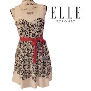 24W Ivory and Black Illusion Dress with Pink Ribbon Belt from ELLE